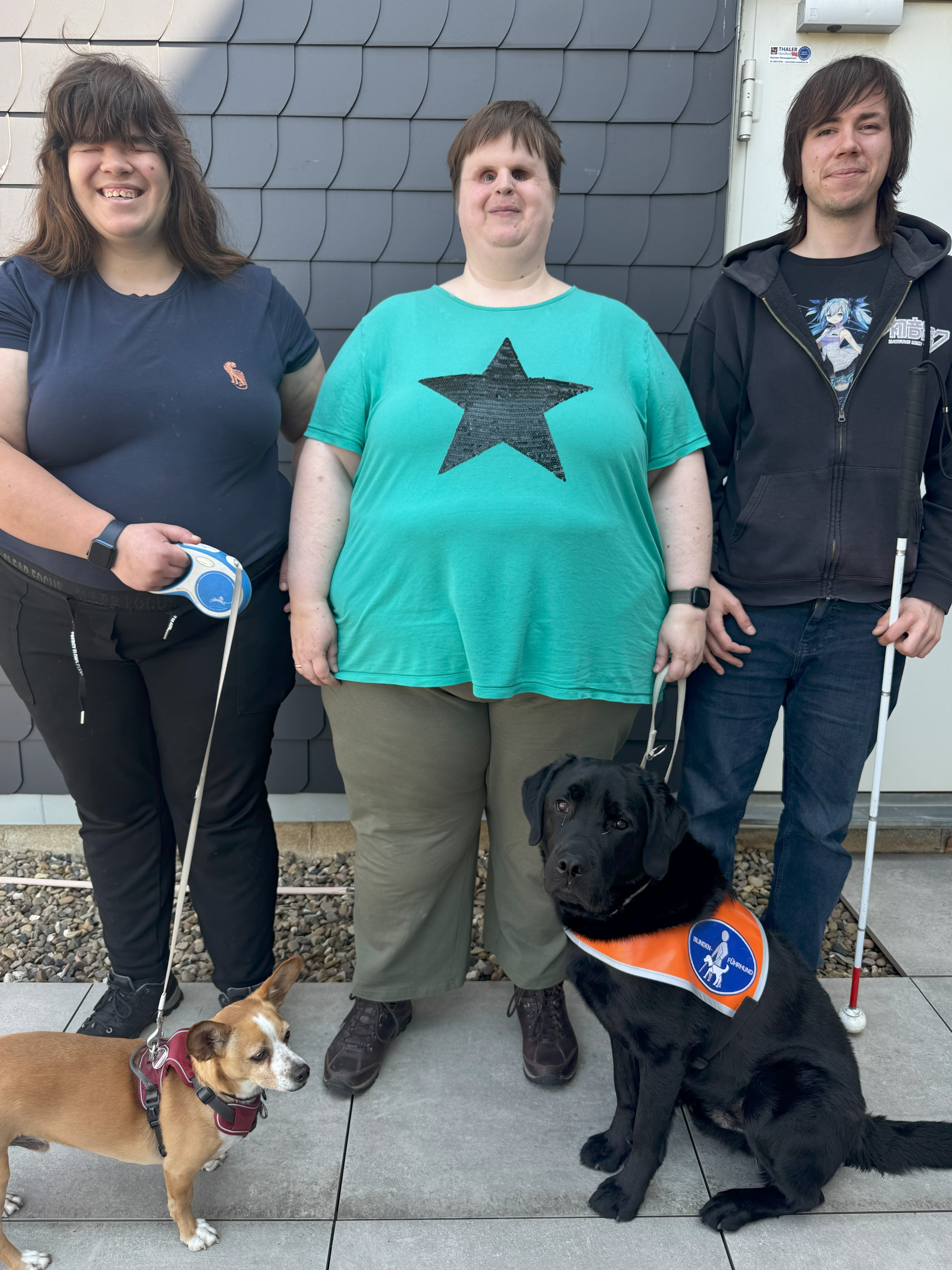 Gruppenfoto des inklusivio-Teams. Von links nach rechts: Tanja, Nathalie, Max. Zu Füßen sitzen die Hunde Timon und Odin.